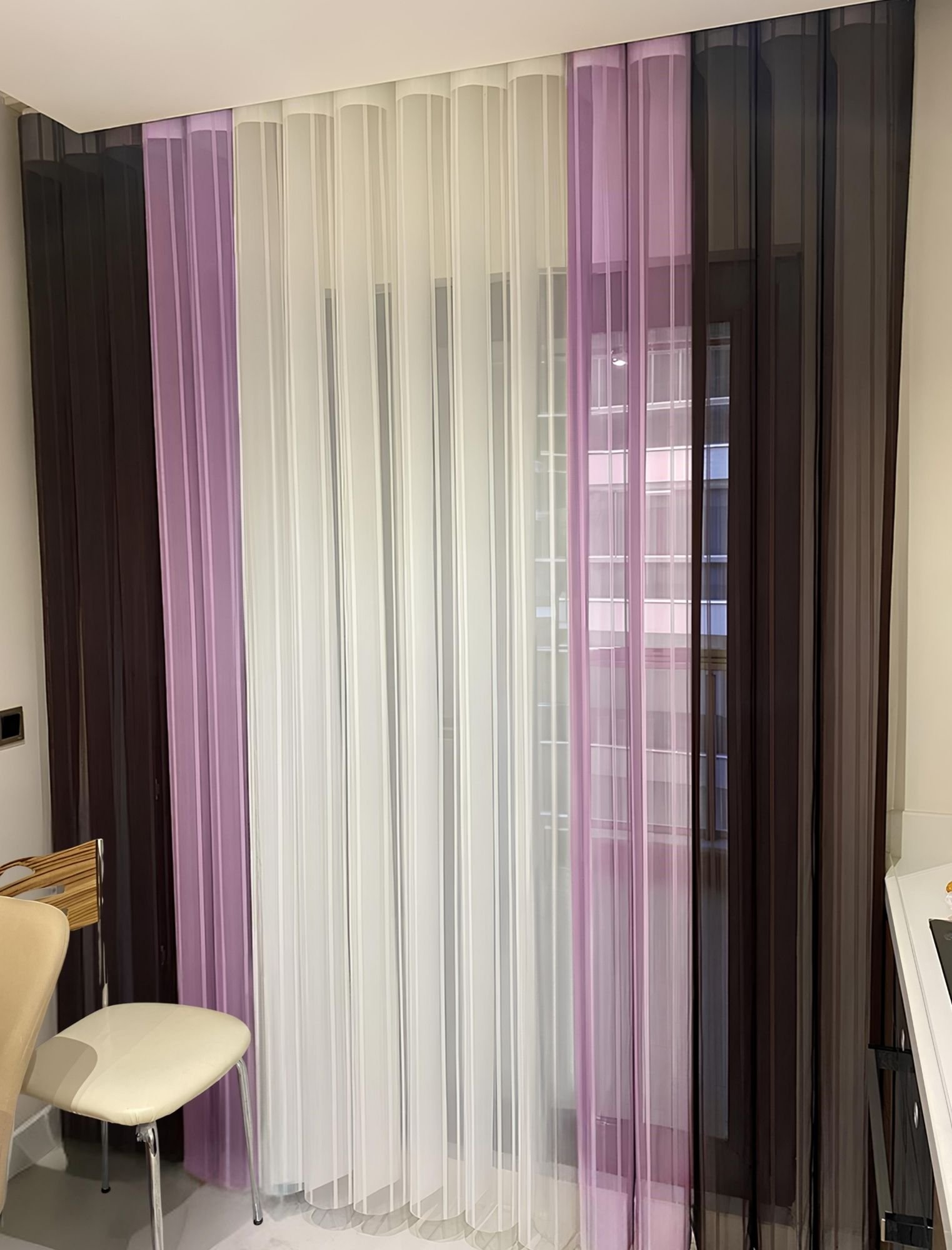 SH-18 (1) Kahve - Pembe - Beyaz Tül Dikey Perde - Görsel 1