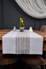 Beyaz Renk Çizgili Dekoratif Lazer Kesim Runner Masa Örtüsü 40 x 140 - Görsel 2