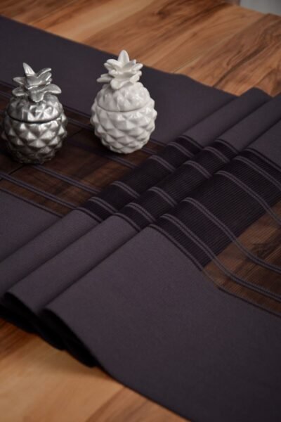 Antrasit Renk Çizgili Dekoratif Lazer Kesim Runner Masa Örtüsü 40 x 140