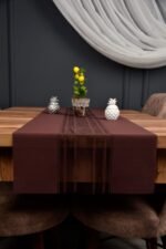 Kahverengi Çizgili Dekoratif Lazer Kesim Runner Masa Örtüsü 40 x 140 - Görsel 3