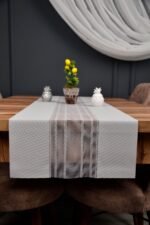 Açık Gri Renk Çizgili Dekoratif Lazer Kesim Runner Masa Örtüsü 40 x 140 - Görsel 2