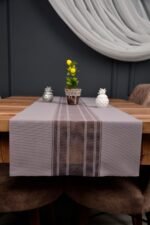 Gri Renk Çizgili Dekoratif Lazer Kesim Runner Masa Örtüsü 40 x 140 - Görsel 3