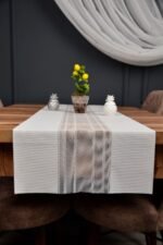 Krem Renk Çizgili Dekoratif Lazer Kesim Runner Masa Örtüsü 40 x 140 - Görsel 3